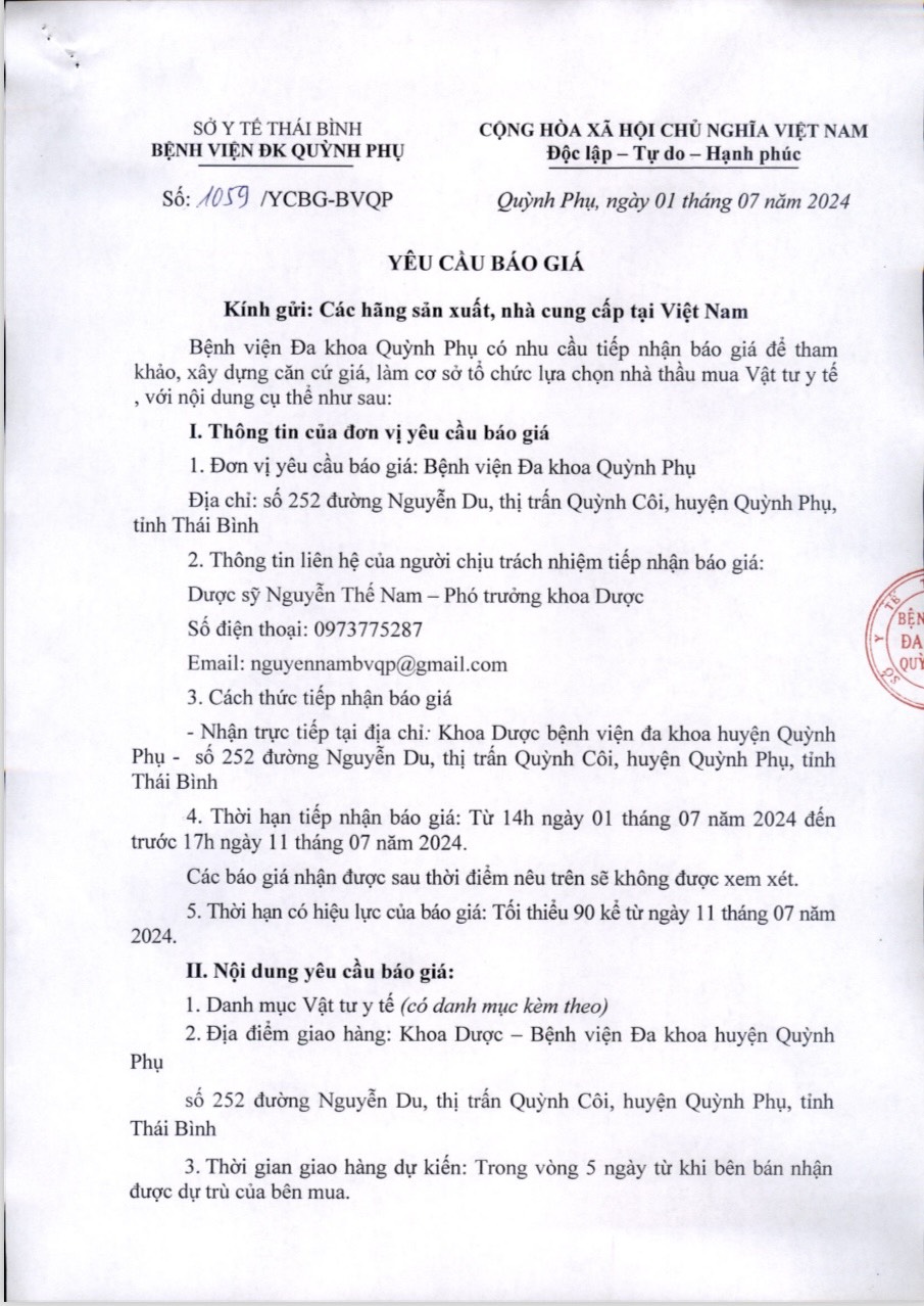 BỆNH VIỆN ĐA KHOA QUỲNH YÊU CẦU GÓI THẦU VẬT TƯ Y TẾ.