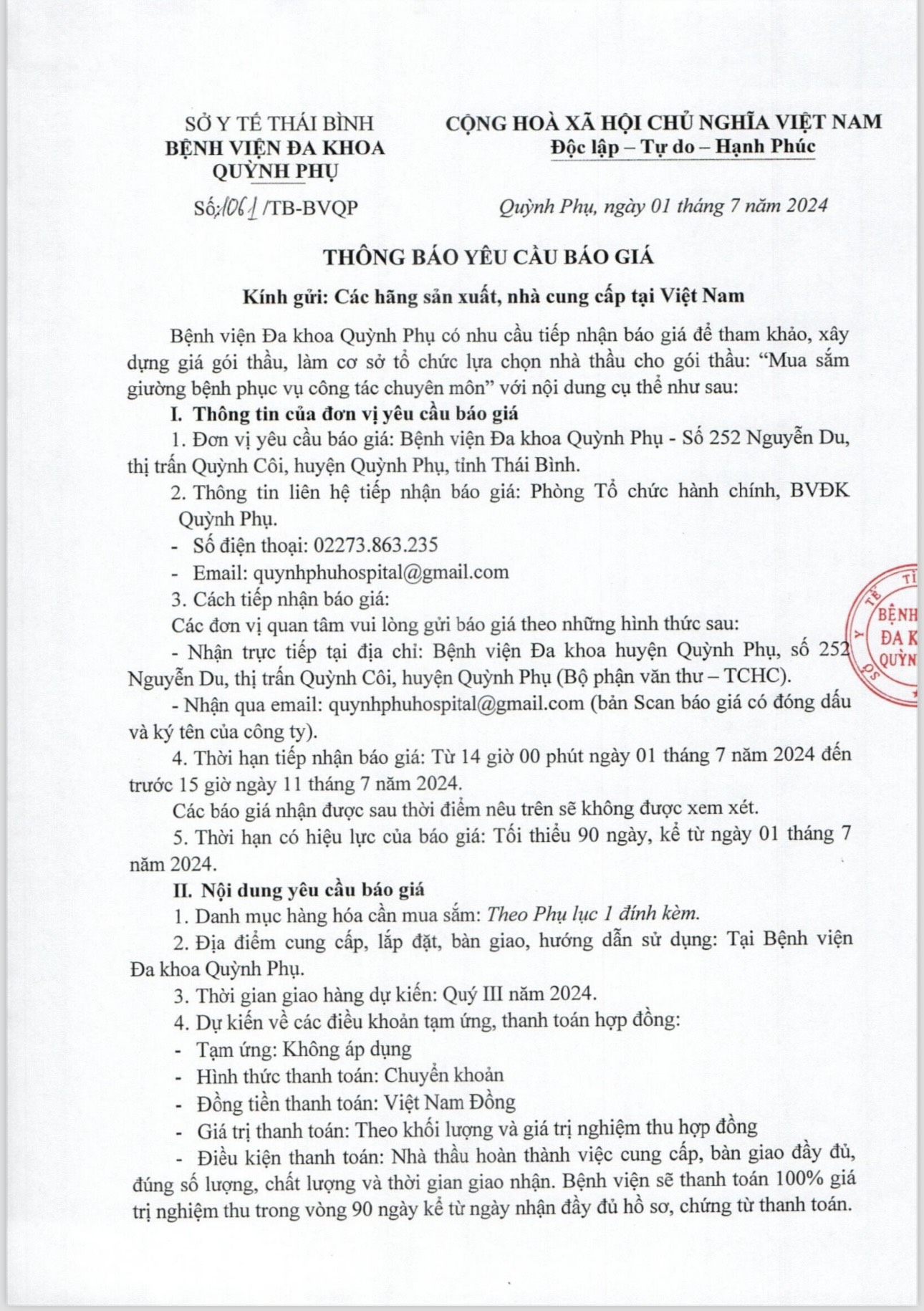 THÔNG BÁO YÊU CẦU BÁO GIÁ GÓI THẦU: