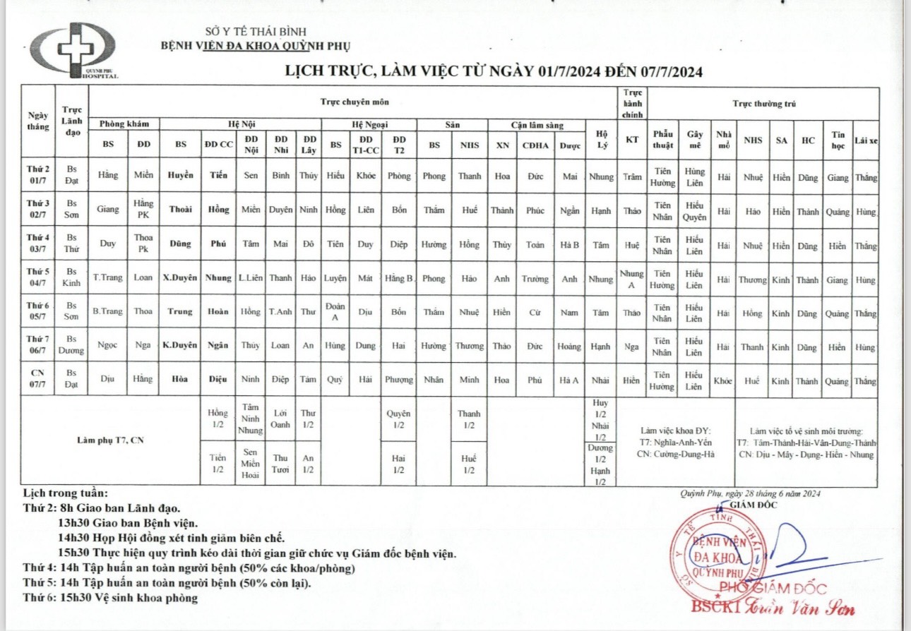 LỊCH TRỰC, LÀM VIỆC TỪ NGÀY 01/07/2024 ĐẾN 07/07/2024