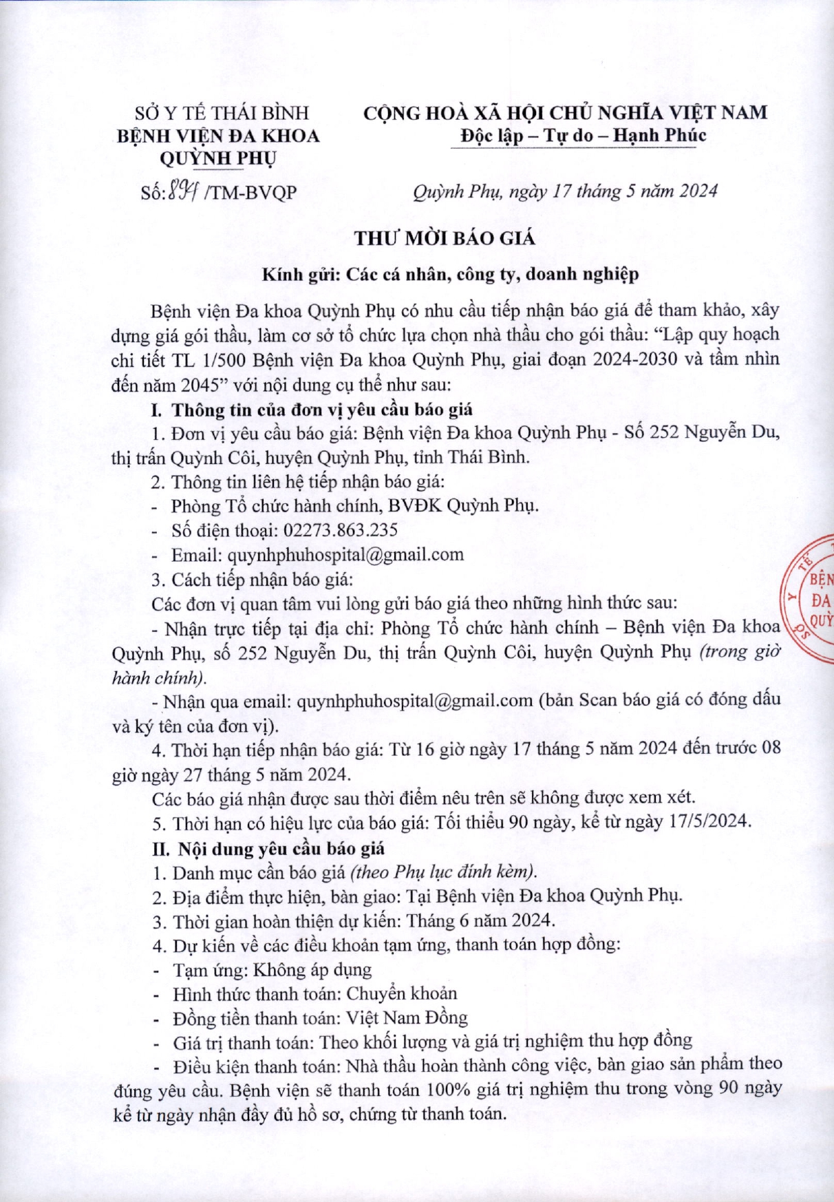 THƯ MỜI BÁO GIÁ GÓI THẦU QUY HOẠCH BỆNH VIỆN ĐA KHOA QUỲNH PHỤ GIAI ĐOẠN 2024 - 2030