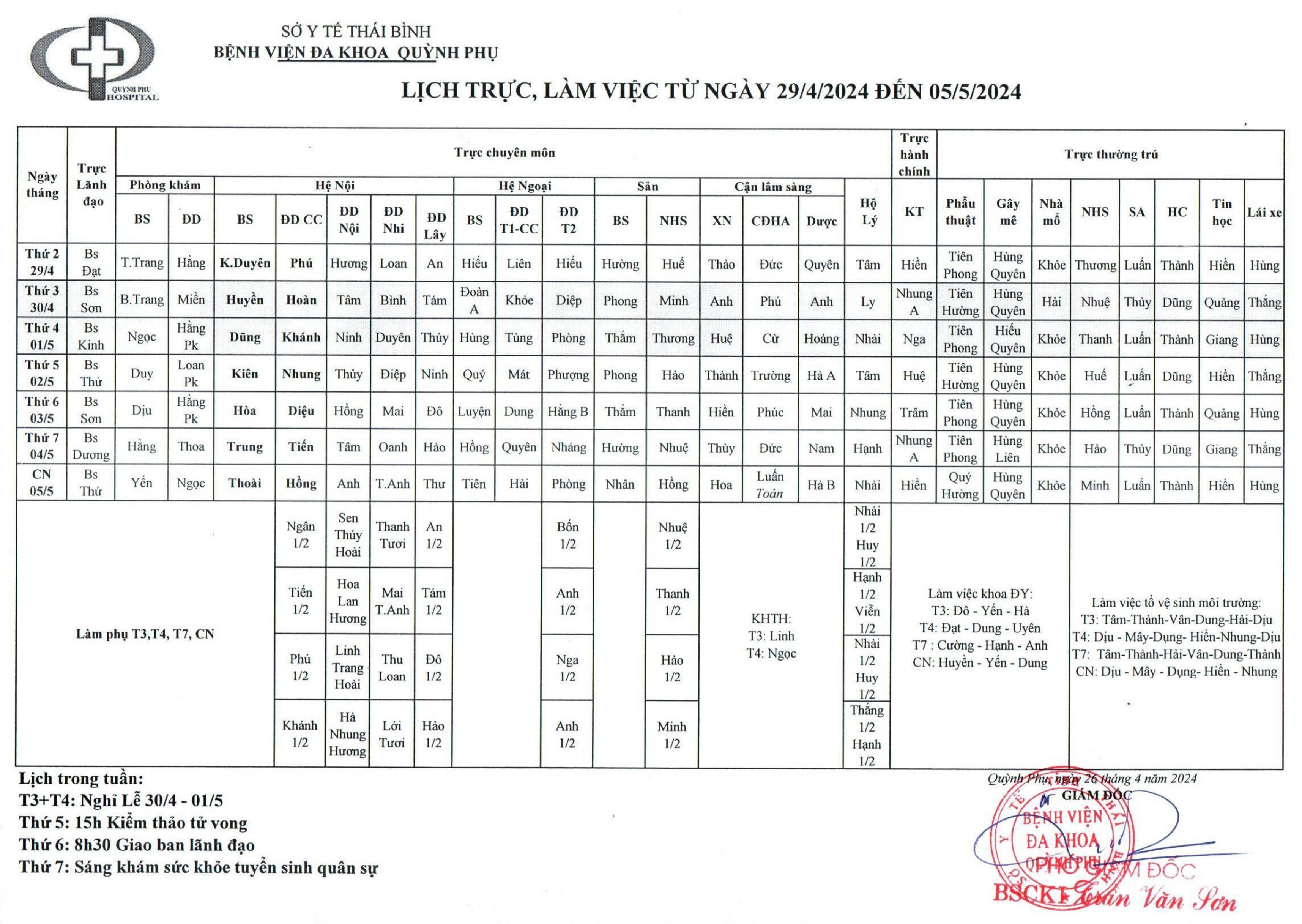 LỊCH TRỰC, LÀM VIỆC TỪ NGÀY 29/4/2024 ĐẾN NGÀY 05/5/2024