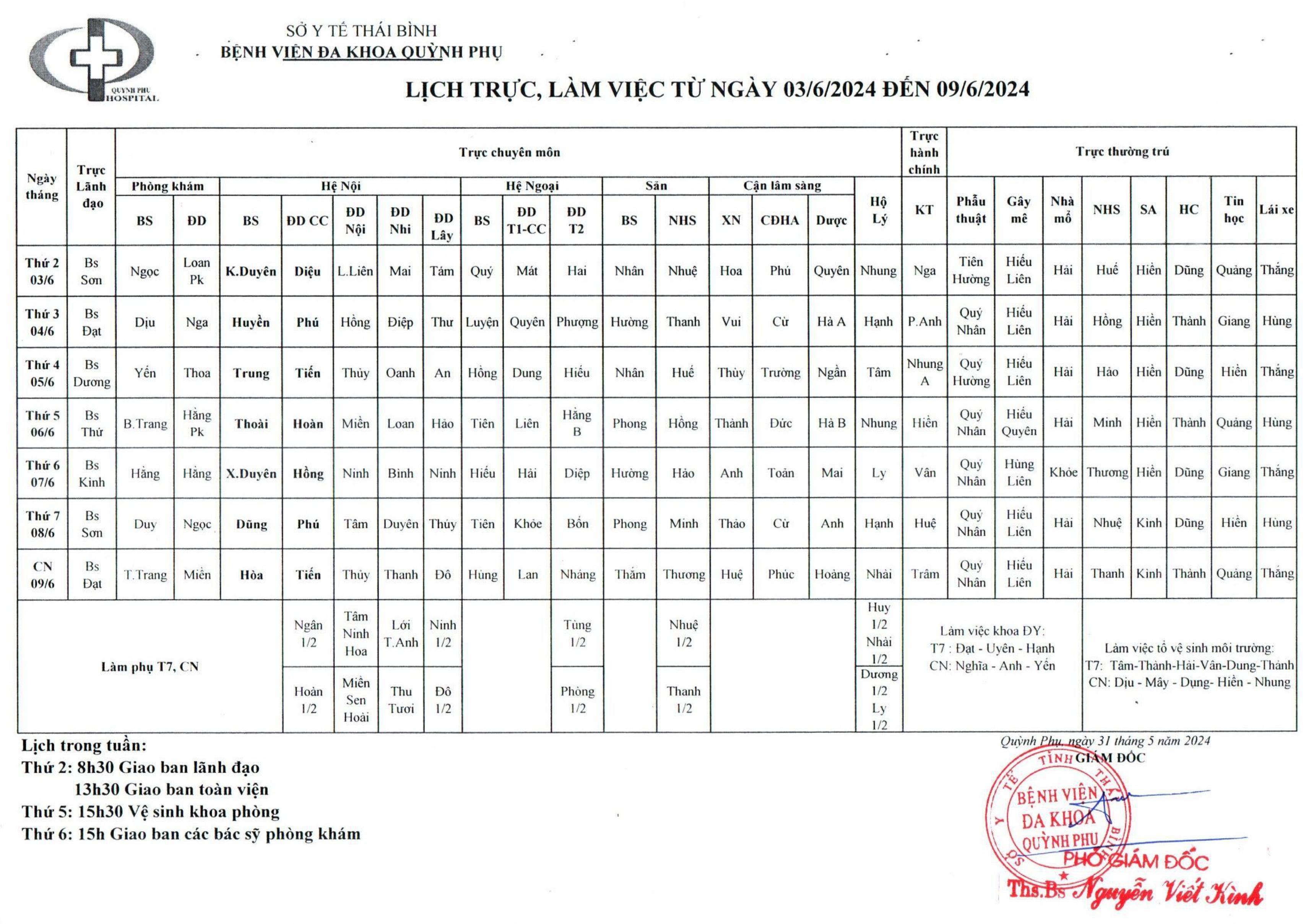 LỊCH TRỰC, LÀM VIỆC TỪ NGÀY 03/6/2024 ĐẾN NGÀY 09/6/2024