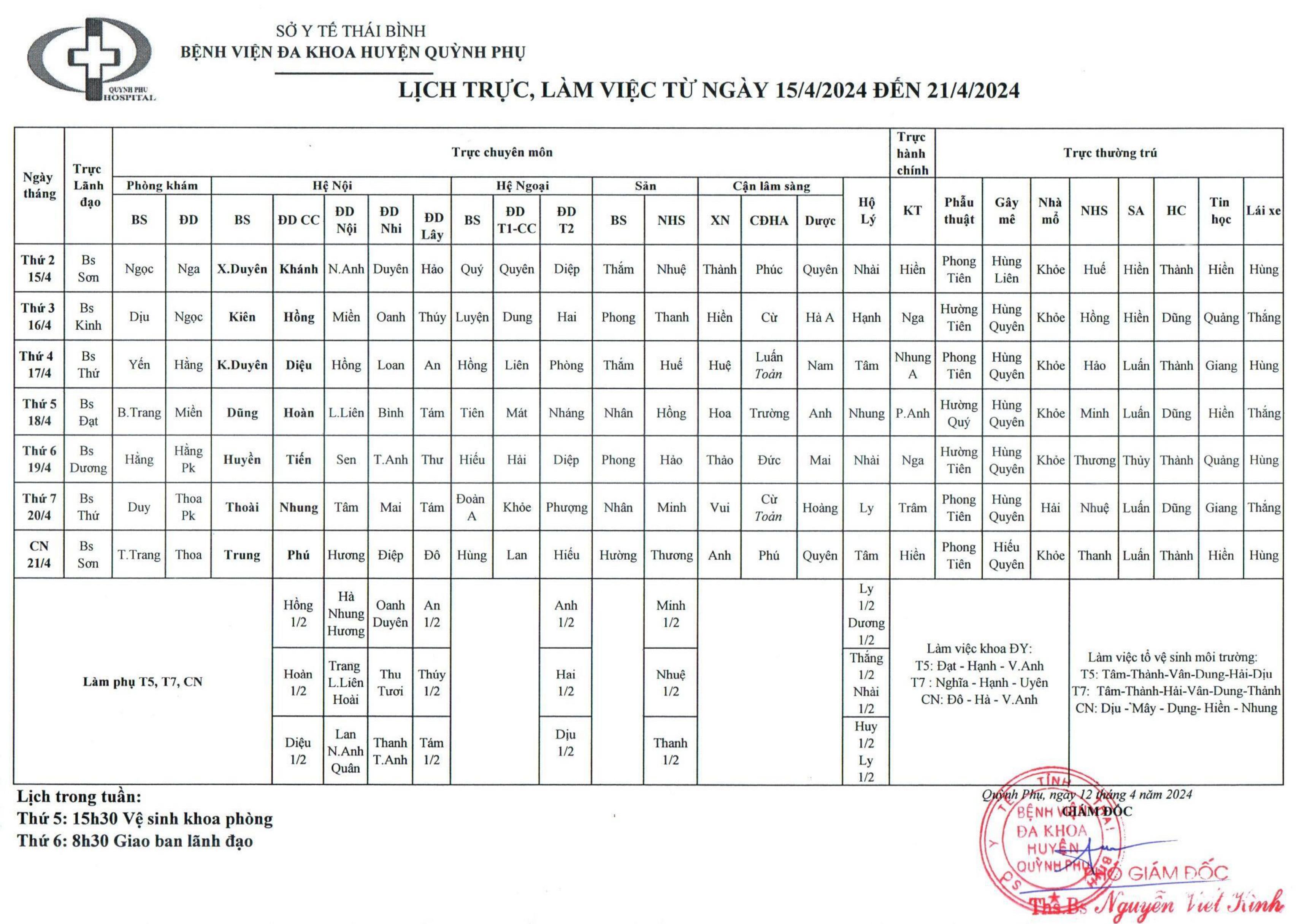 LỊCH TRỰC, LÀM VIỆC TỪ NGÀY / ĐẾN NGÀY 21/4/2024